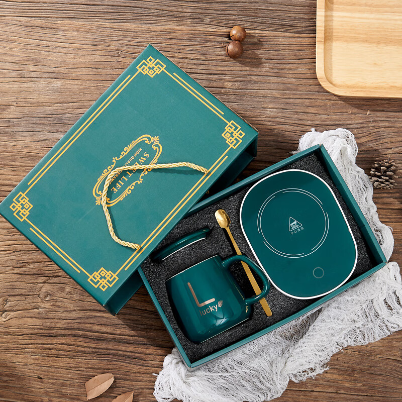 55度恒温杯陶瓷马克杯暖暖杯礼盒加热杯子套装伴手礼水杯加盖定制 墨绿恒温杯礼盒装 401-500ml