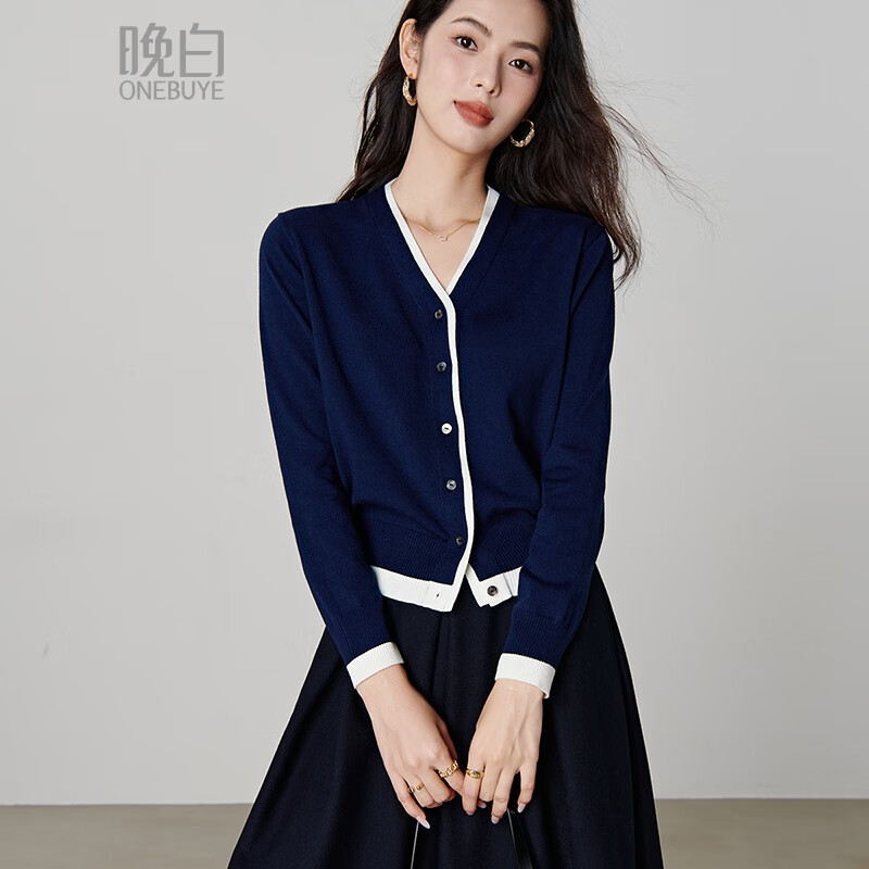 晚白【新品】2025冬款含羊毛V领优雅假两件上衣时尚撞色针织开衫女 深蓝色 L
