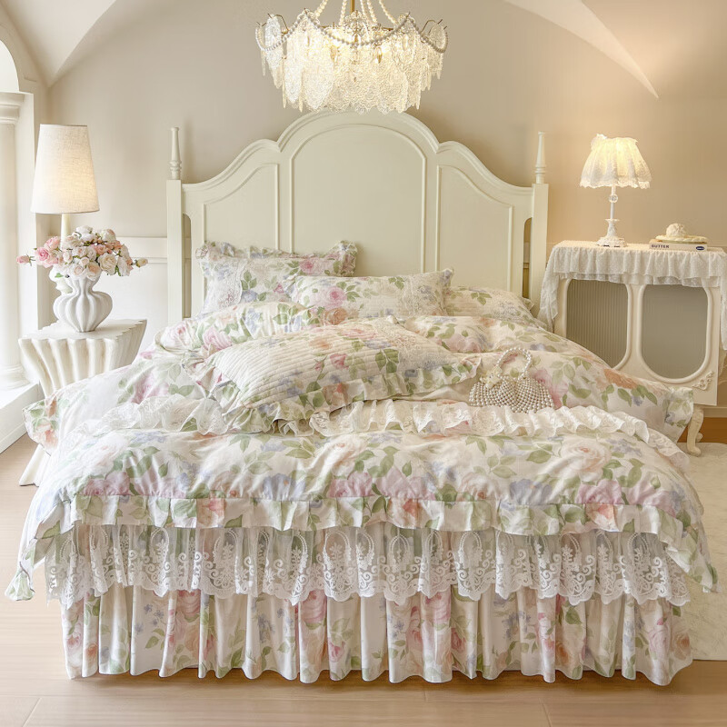 诸禄小清新田园风全棉床裙四件套纯棉小碎花床罩被套带裙边全包防滑尘 浅夏花开 床单款 2.0x2.2四件套被套220x240