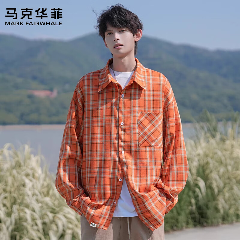 马克华菲(MARK FAIRWHALE)美式复古休闲长袖衬衫男士2026秋季新款宽松百搭潮牌运动高端上衣 橘色 【秋季新品】 L 【建议110-130斤】