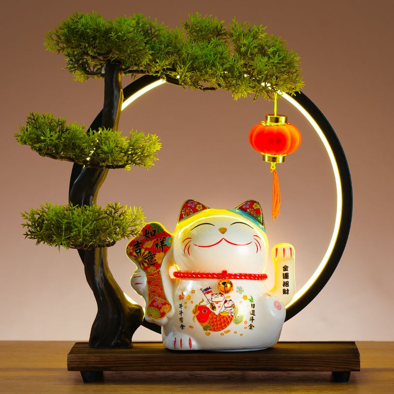 OYKTN猫陶瓷灯圈自动摇手创意礼品家居乔迁开业收银台摆件客厅店铺 A025吉祥如意 单猫