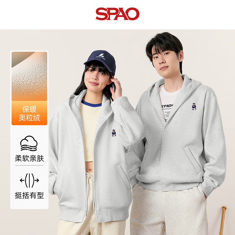 SPAO连帽开衫卫衣男女2025年冬季加绒加厚保暖防风外套SPWY25SJ07XY 米灰#SP海军熊-贴布绣 M