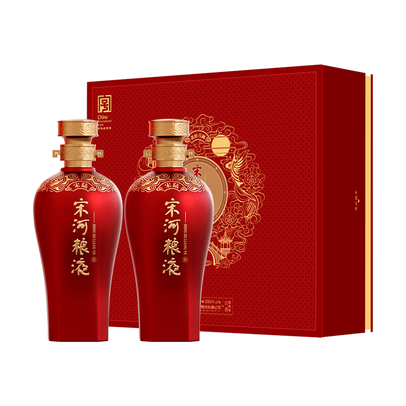 宋河粮液 宋陆花好月圆礼盒浓香型白酒50度500ml*2瓶礼盒装送礼酒婚宴 50%vol 500mL 2瓶 宋陆花好月圆礼盒装