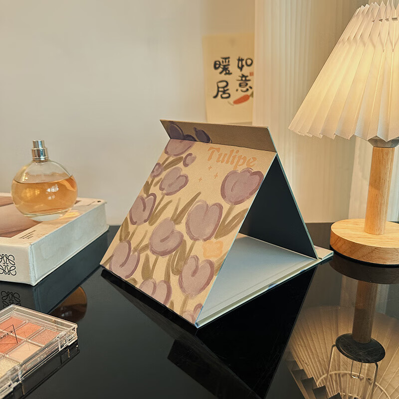 迈途森小镜子女生梳妆台大号台式化妆镜折叠可爱便携宿舍桌面可立学生 紫色郁金香20.5*14cm