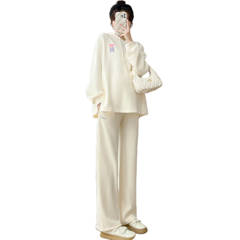 苒琦妈咪孕妇套装春秋2026新款杏色连帽休闲宽松时尚洋气上衣裤子两件套 粉色 M
