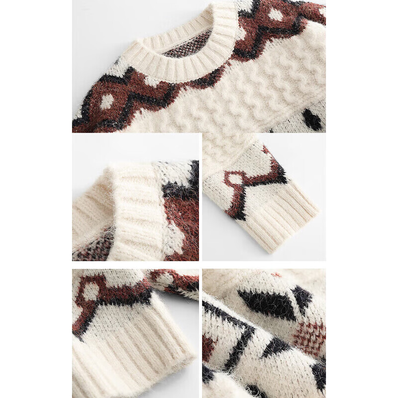 妙恋多毛衣女外穿冬季加厚宽松圆领套头针织衫温柔费尔岛小众设计感上衣 米白色 【针织毛衣】 均码 【建议90-140斤】