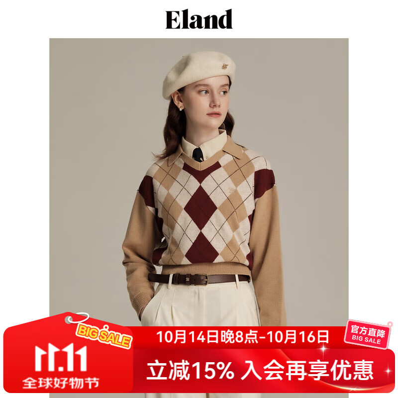 ELAND衣恋毛衣女学院风羊毛混纺菱形格纹嵌花毛衣 卡其色(35)Beige S 160
