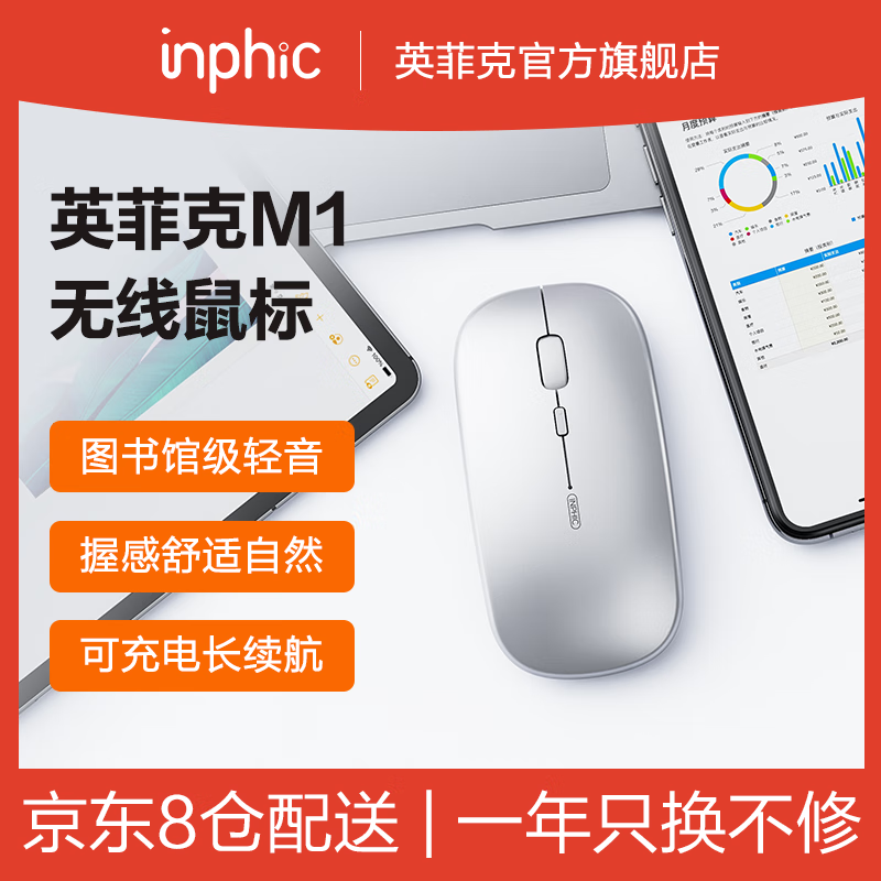 英菲克（INPHIC）M1无线鼠标可充电办公蓝牙三模电量显示静音便携适用于惠普华硕苹果IPAD笔记本电脑无限轻音 【无线-2.4G充电版-轻音按键】太空银