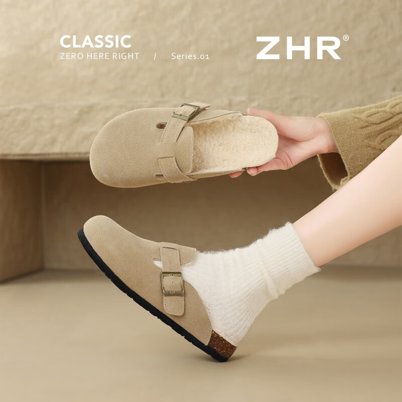 ZHR勃肯鞋女加绒软一脚蹬懒人毛毛鞋不累脚包头半拖学生休闲文艺女鞋 沙色 37