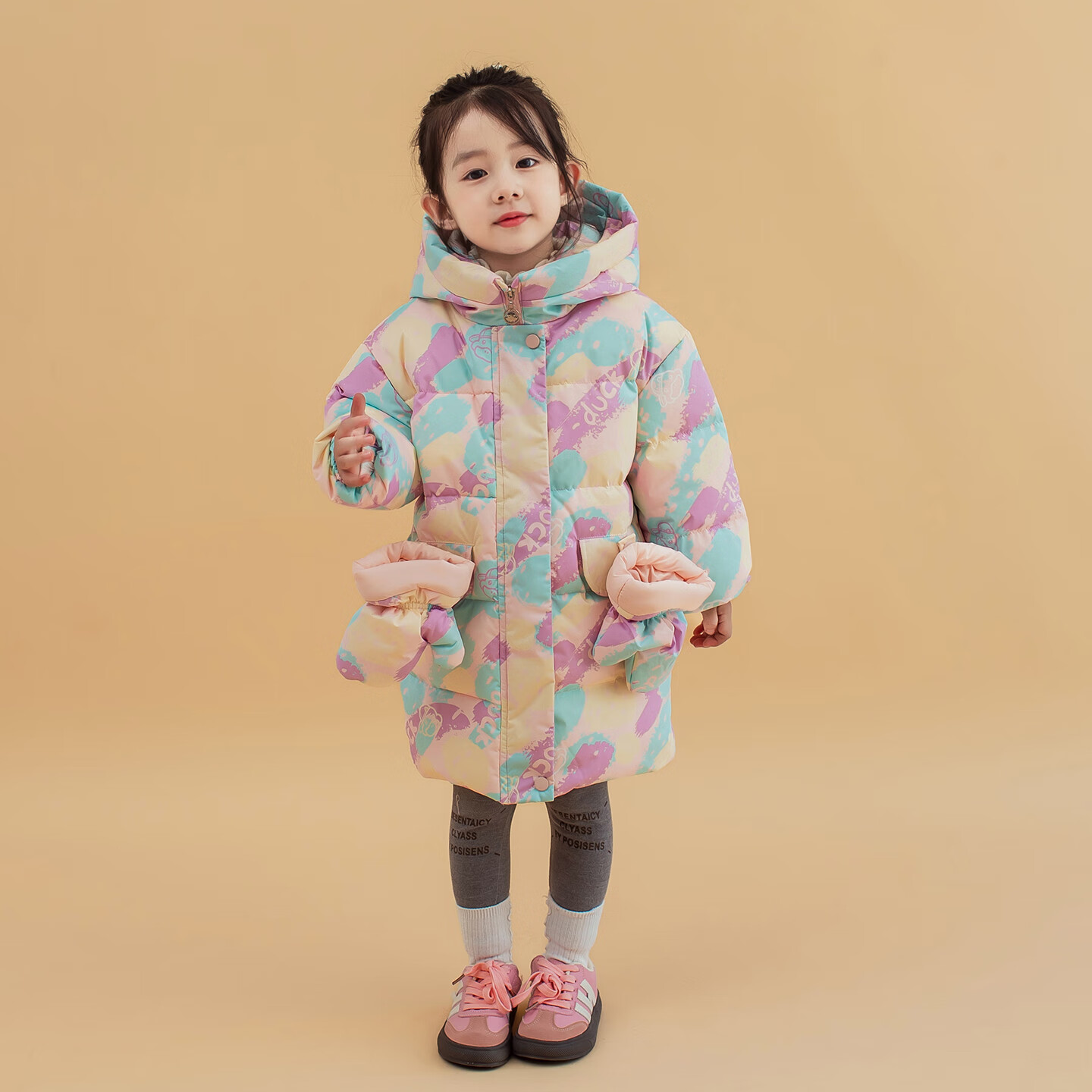 G.DUCK HELLO女童羽绒服中长款保暖外套冬季儿童加厚连帽冬装中小童印花童装 紫色 120 （建议身高110-120cm）