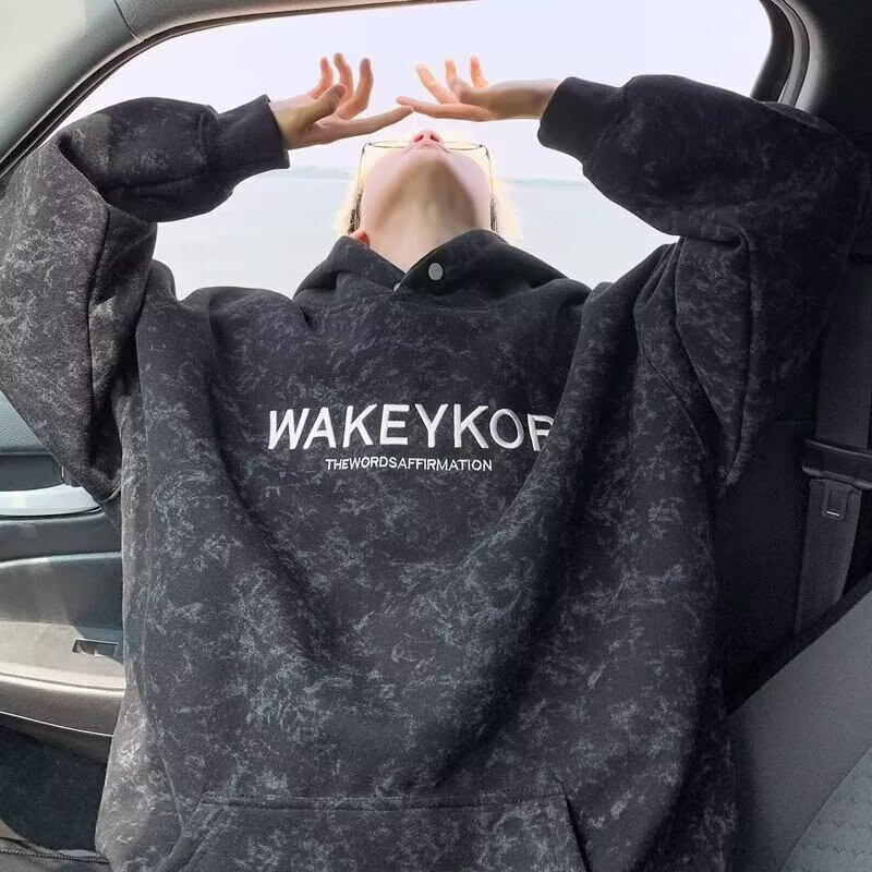 POUM美式高街卫衣男士秋冬潮牌休闲加绒男装上衣2025新款情侣帽衫外套 JCF-H975杏色 加绒 M