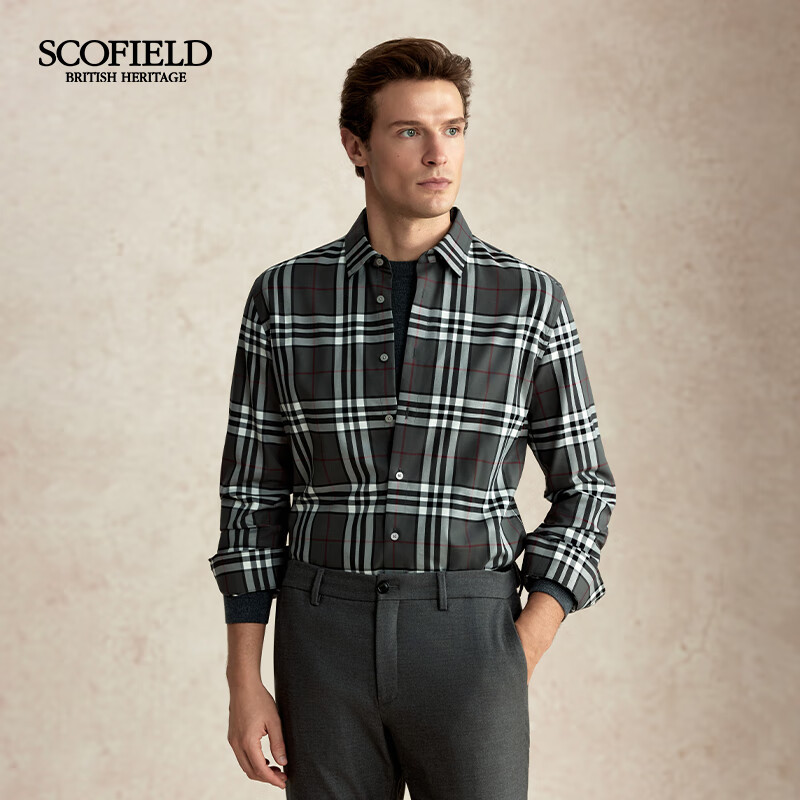 Scofield男士25秋季新款条纹格子绣花衬衫正装内搭舒适全棉透气长袖衬衣 灰色 L 175