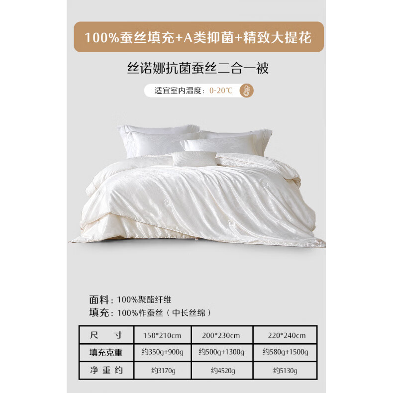 水星N系列家纺被子100蚕丝被四季结婚二合一子母被芯春秋被宿舍冬被 二合一被【蚕丝+A类+精致提花】丝诺娜(白色) 150X210CM