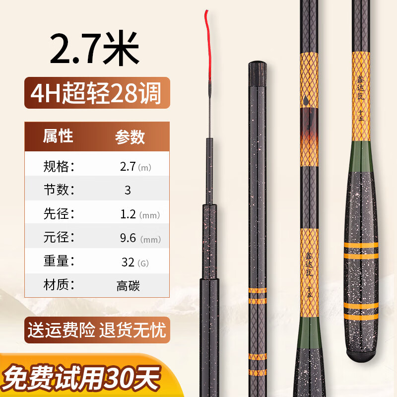鑫達瓦進(jìn)口魚(yú)竿鯽魚(yú)竿超輕超硬28調手竿鯽鯉魚(yú)竿高碳素綜合臺竿野釣竿 2.7m 【輕盈釣感】-鯽鯉通殺+垂