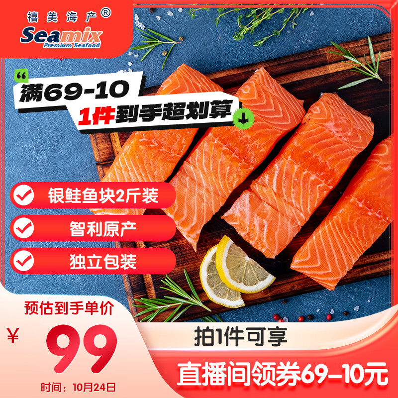 禧美海产 冷冻智利三文鱼块净重2斤(银鲑) 独立4-7块 带皮去刺 海鲜