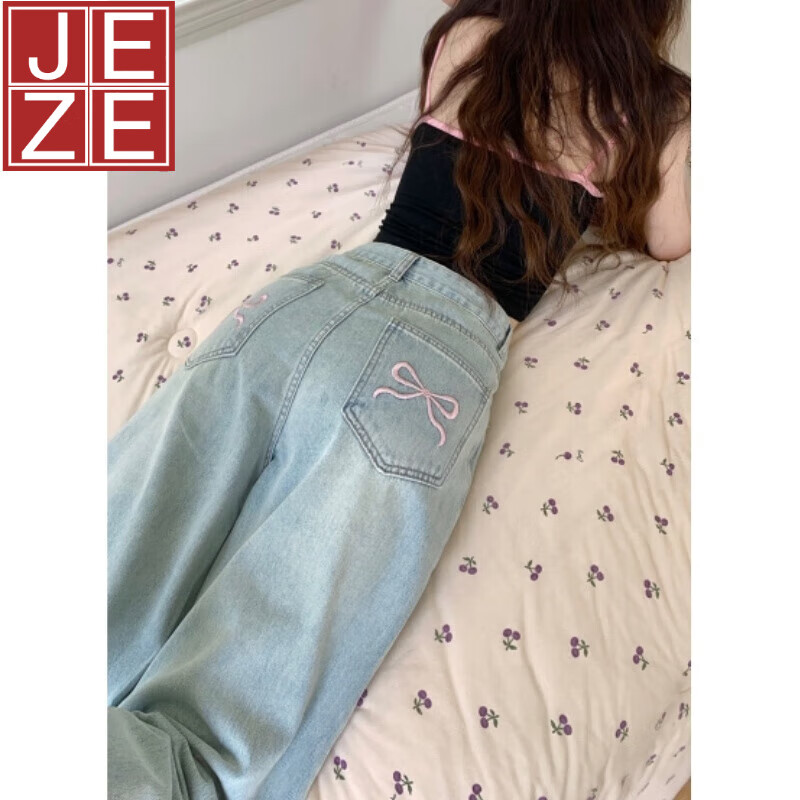 JEZE小个子浅色蝴蝶结刺绣阔腿牛仔裤女春秋新款高腰宽松显瘦直筒长裤 浅蓝色长裤款(156-165)【z】 XS