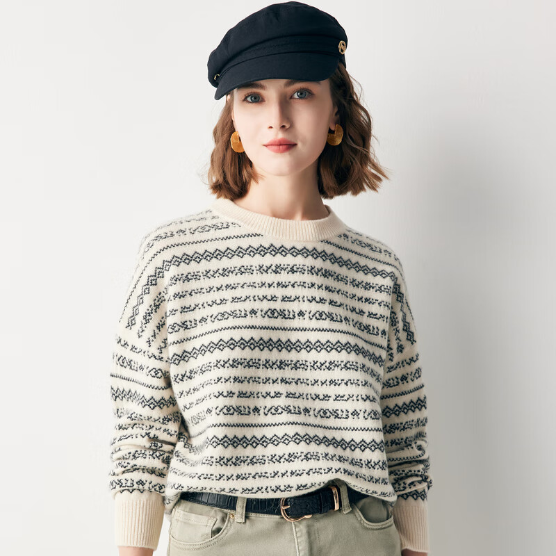 帕罗【减龄提花】100%山羊绒秋冬圆领复古慵懒风百搭保暖羊绒衫女