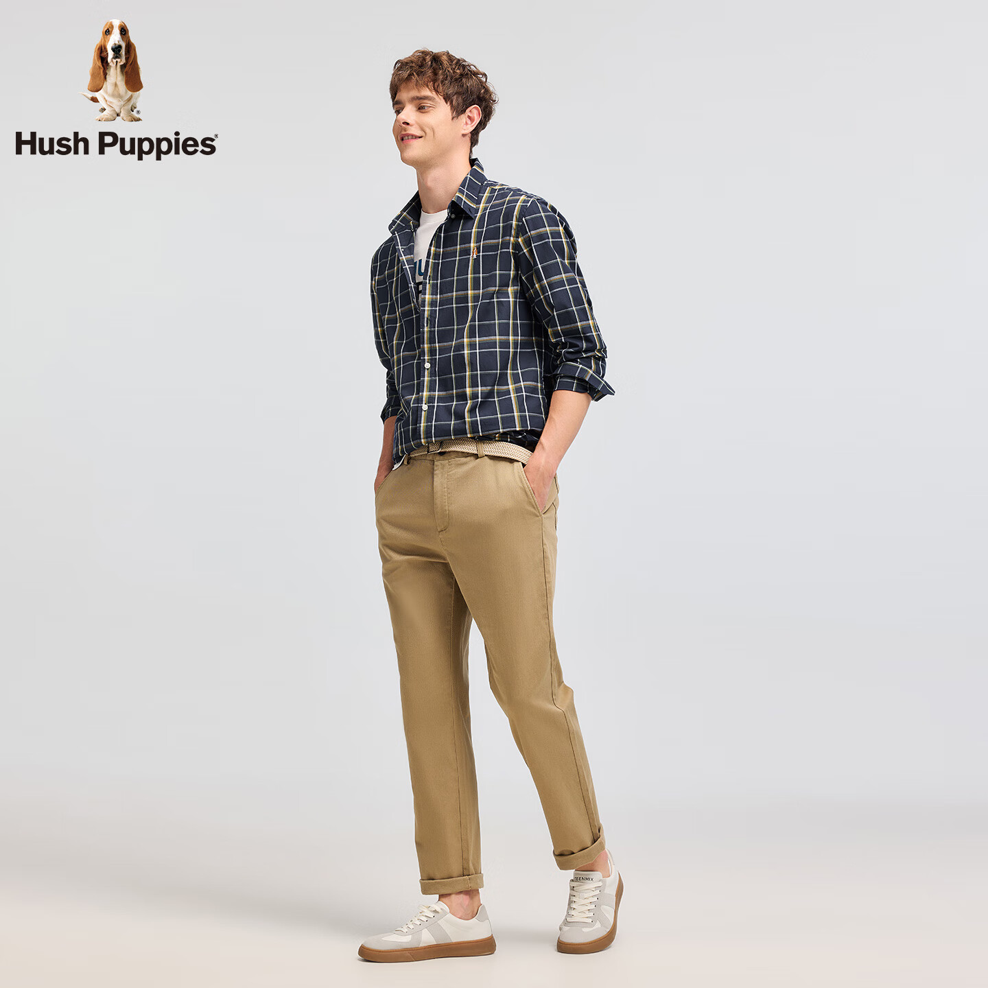 暇步士(Hush Puppies)【舒适全棉】男装2025秋季简约基础款格纹长袖衬衫 墨蓝色 XL