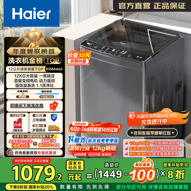 海尔（Haier）波轮洗衣机全自动家用 12公斤大容量直驱变频漩瀑洗懒人洗衣机 一级能效家电国家补贴20%以旧换新 EB120B35Mate3