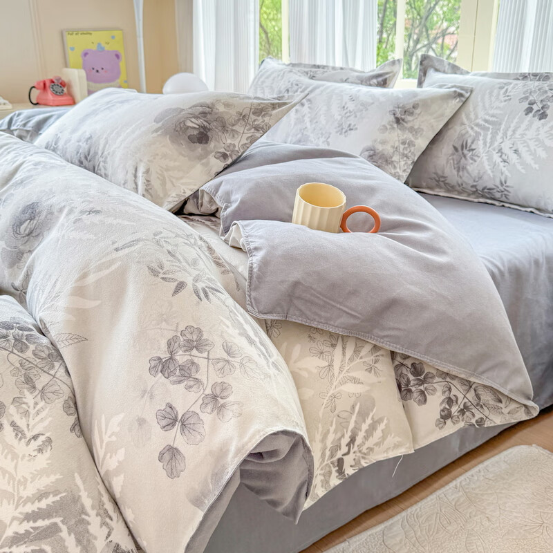 多兰诗（Duolanshi）磨毛四件套 春秋加厚保暖小清新宿舍卡通家用斜纹四件套 晚棠 1.8米 床笠款 被套180*220 四件套