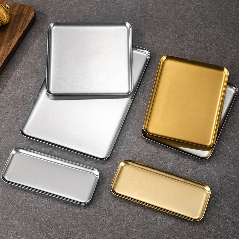 方形盘韩式304不锈钢长方形咖啡厅托盘直边金色烧烤盘 加厚直边盘【20*15本色】