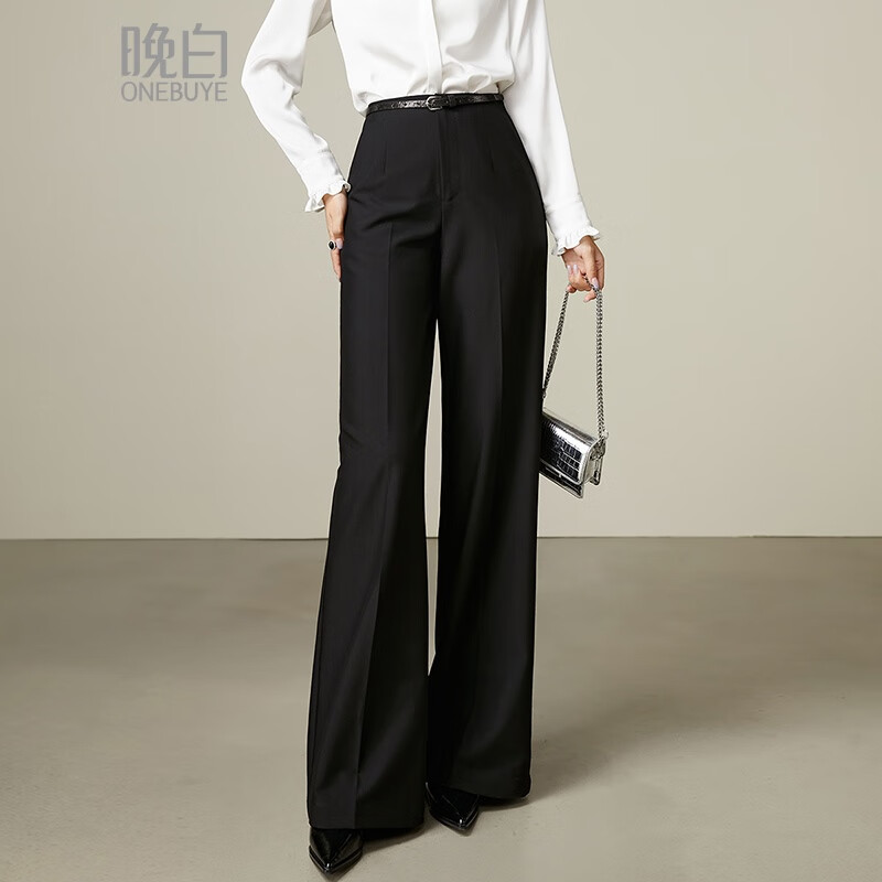 晚白【断码清仓】时尚高腰裤子直筒显瘦阔腿休闲裤女【不含腰带】 黑色 27
