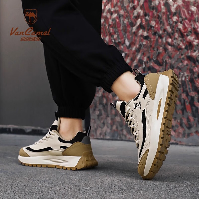 西域骆驼（VANCAMEL）轻奢男鞋秋冬季新款百搭运动鞋男软底增高休闲鞋子时尚男士老爹鞋 【官方正品 质量保证】米粽皮面款 40
