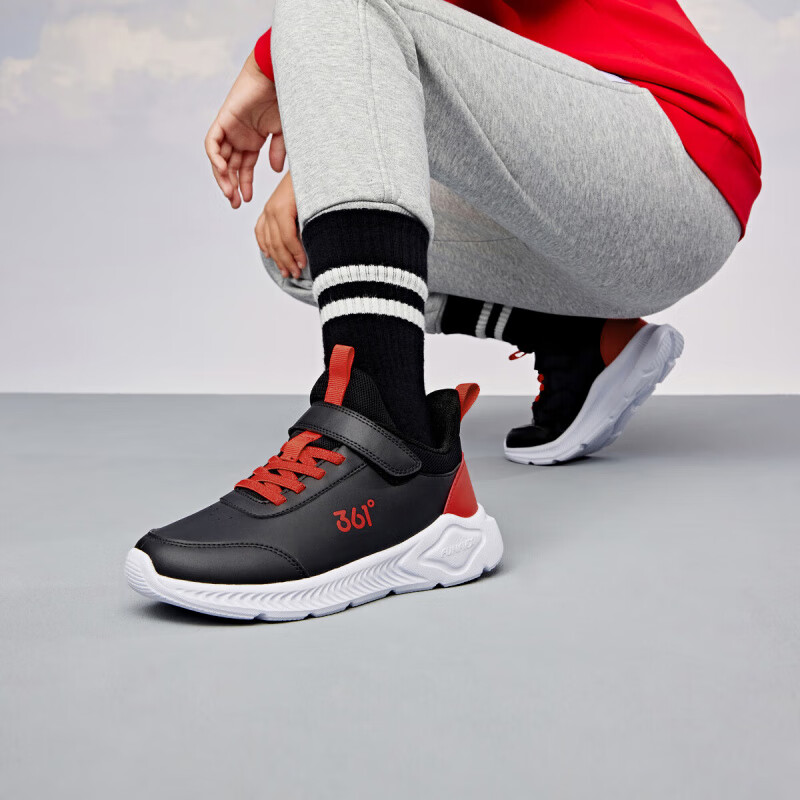 361°儿童运动鞋男童跑鞋秋冬密网轻便魔术贴女童皮革加绒保暖运动鞋 【皮革】碳黑/能量红色 38