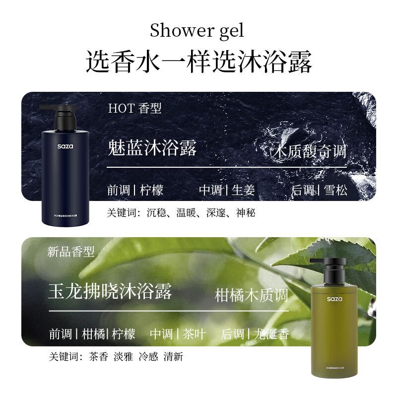 SAZA魅蓝男士香水沐浴露持久留香氛氨基酸洗浴液套装蔚蓝控油泡沫 洗发水沐浴露套装