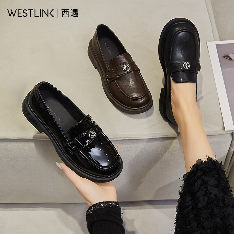 西遇（Westlink）山茶花乐福鞋女2026新款秋季法式简约亮面通勤单鞋厚底小皮鞋 黑色亮黑(K0057184) 预售20天 38 (240)