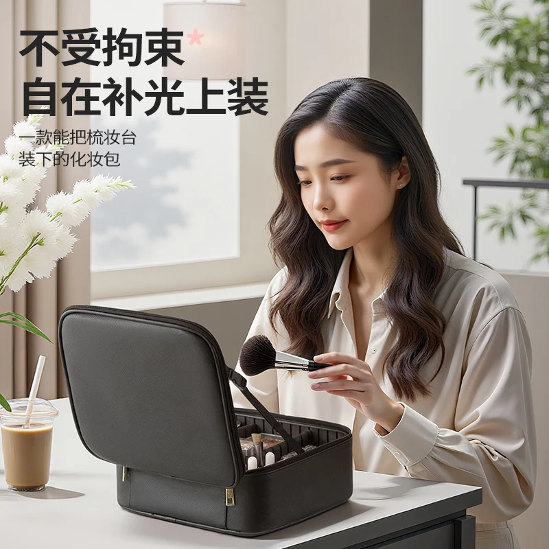 年多多化妆包女2025新款大容量旅行便携LED灯镜子化妆收纳包收纳化妆箱 摩卡棕【LED三档光源镜子可拆卸】