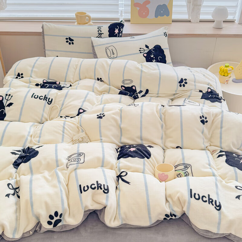 软贝小清新牛奶绒床上四件套保暖毛绒床单被套学生宿舍秋冬款三件套 煤球宝贝 床单款 2.0m  被套200*230cm 四件套