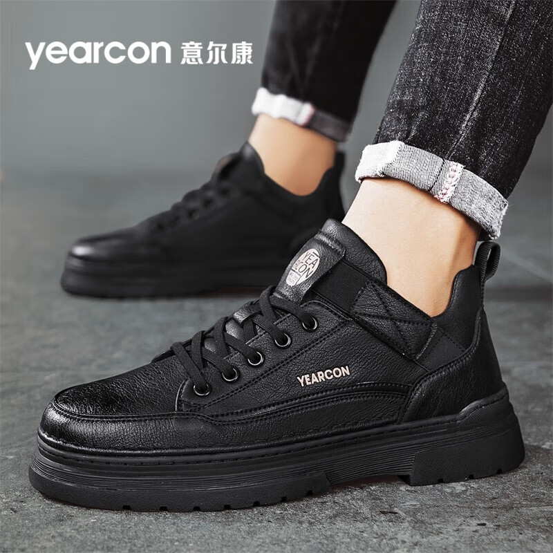 意尔康男鞋秋季新款工装鞋男潮流英伦休闲皮鞋厚底软面马丁鞋男 黑色 43