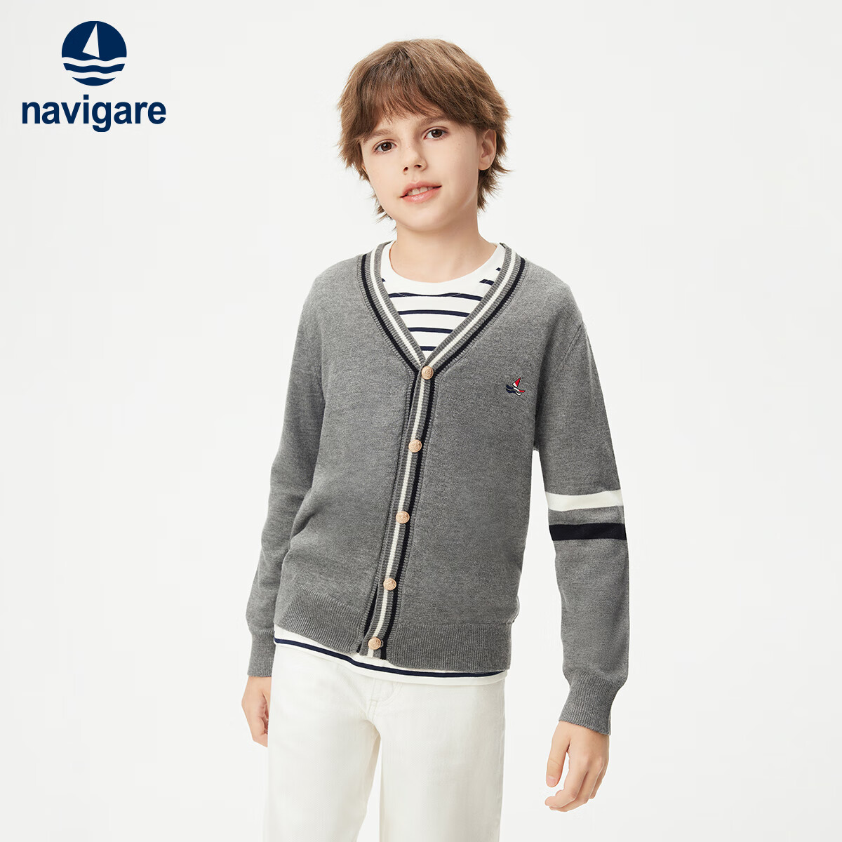 NAVIGARE男童毛衣秋季新款儿童毛衣学生毛衫中大童外套舒适亲肤 学院绅士灰色 160