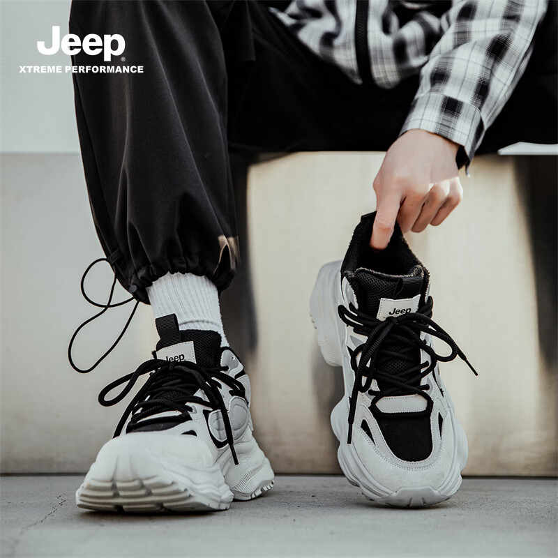 JEEP吉普户外老爹鞋子男款休闲轻便时尚运动鞋男透气徒步鞋耐磨登山鞋 白黑(棉) 44