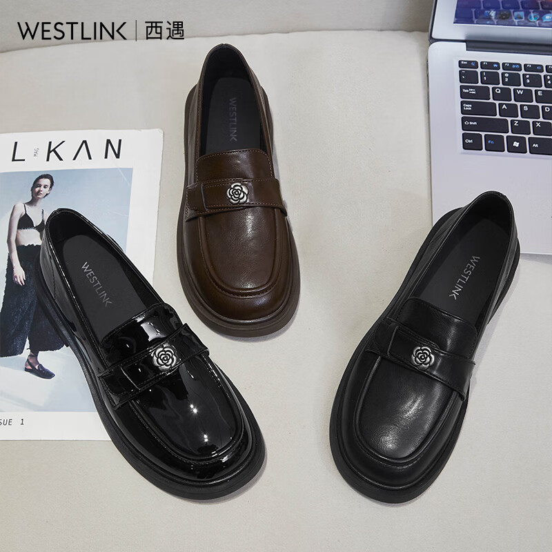 西遇（Westlink）山茶花乐福鞋女2026新款秋季法式简约亮面通勤单鞋厚底小皮鞋 黑色亮黑(K0057184) 预售20天 38 (240)