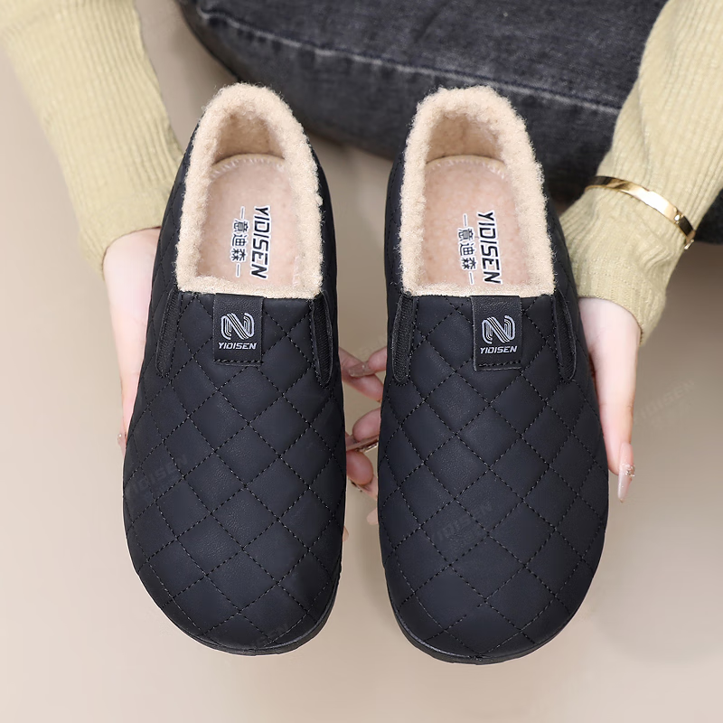 意迪森冬季女新款加绒保暖一脚蹬软底防滑二棉豆豆鞋防水中老年妈妈棉鞋 咖啡色 加绒 37 (235mm)