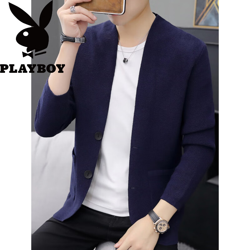 花花公子（PLAYBOY）针织开衫男士薄款春秋季百搭西服修身夹克男毛衣西装外套 8505红色 L (约105~120斤可穿)
