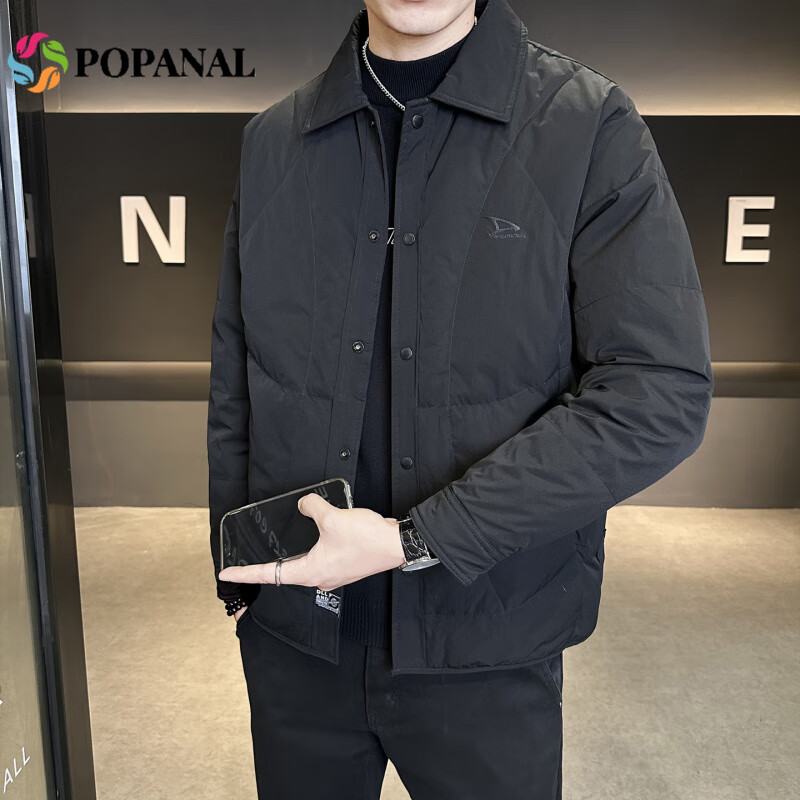POPANAL香港潮牌2025冬季新款男士简约潮流翻领商务休闲轻薄羽绒服外套潮 黑色 M