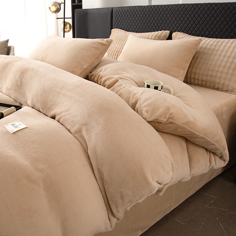 软贝简约轻奢牛奶绒床上四件套保暖毛绒床单被套学生宿舍秋冬款三件套 卡其 2.0m 床单款 (被套200*230cm) 四件