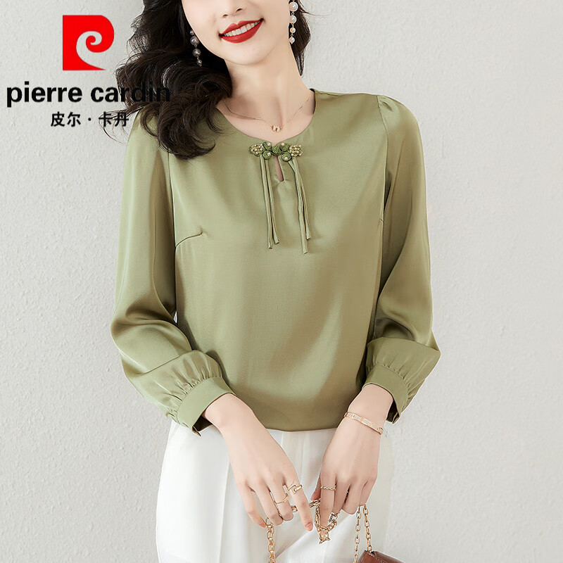 皮尔卡丹(pierre cardin)高端品牌中式盘扣上衣女2025秋季新款妈妈真丝衬衫气质感宽松长袖 皮尔卡丹 绿色 XL