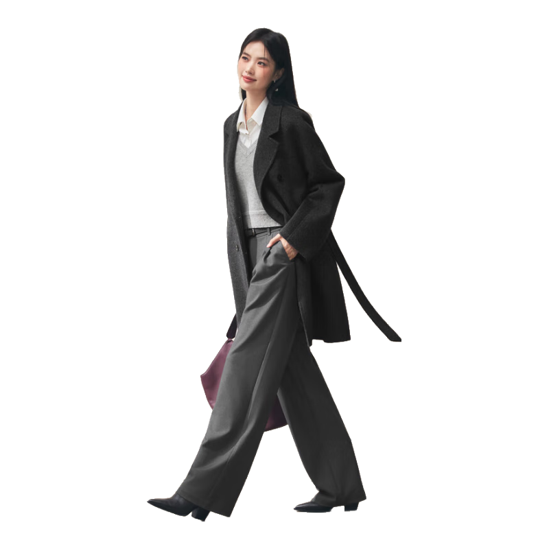 伊芙丽【蒋欣口碑大衣】骆驼绒蚕丝双门襟收腰双面呢毛呢大衣女秋季新款 暗灰 中长款及膝 S