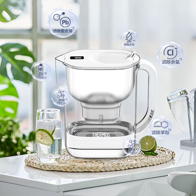 膳魔师净水壶 滤水壶 家用过滤器 净水器 4.5L大容量 自来水过滤器 滤水器 矿物质水过滤壶 1壶1芯装 晨曦白1壶1芯