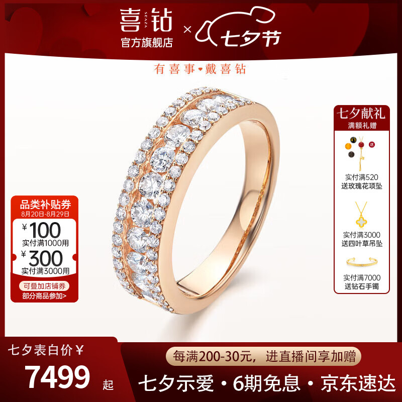 喜鉆七夕禮物18K金時(shí)尚鉆石排戒豪華群鑲鉆石戒指求婚戒指送女友生日 現貨-18K玫瑰金共1克拉