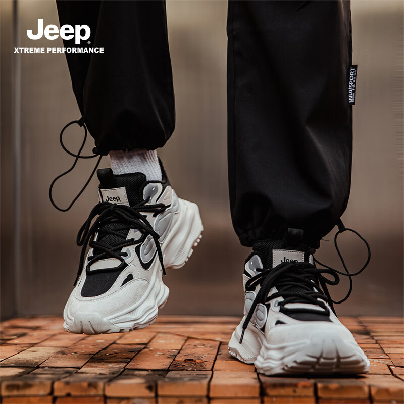 JEEP吉普户外老爹鞋子男款休闲轻便时尚运动鞋男透气徒步鞋耐磨登山鞋 白黑(棉) 44