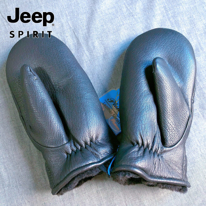 JEEP SPIRIT高端真皮手套男女士冬季保暖加厚全连指鹿皮棉手闷子骑行 男均码鹿皮手套