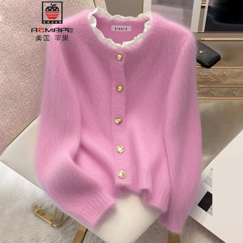 AEMAPE粉色奶呼呼软糯毛衣开衫女款秋冬季2026新款小香风短款针织衫外套 粉色 XL -115-125斤