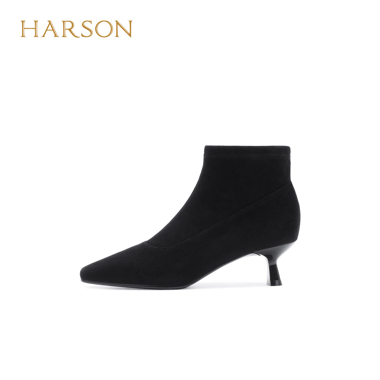 哈森时尚瘦瘦靴女2025冬季新款复古百搭细高跟方头短靴HWA250101 黑色 织物 34