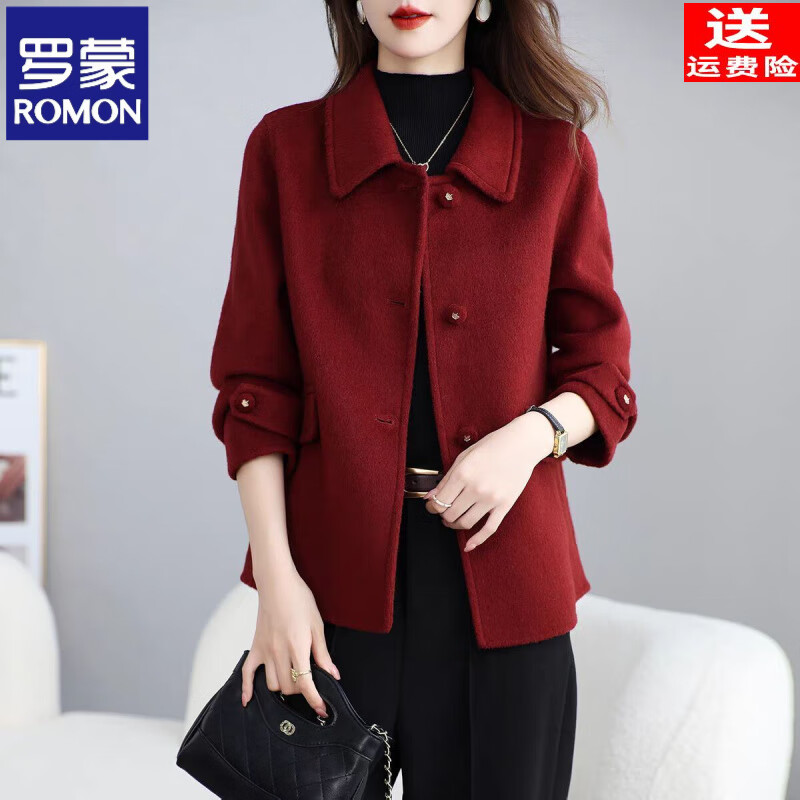 罗蒙（ROMON）双面羊绒大衣女短款2025秋冬新款韩版高级感时尚娃娃领羊毛呢外套 安哥拉红 L 90-105斤