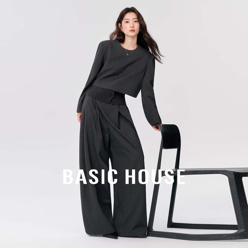 Basic House/百家好【高级感套装】时尚通勤短款上衣阔腿裤两件套 灰色 XL